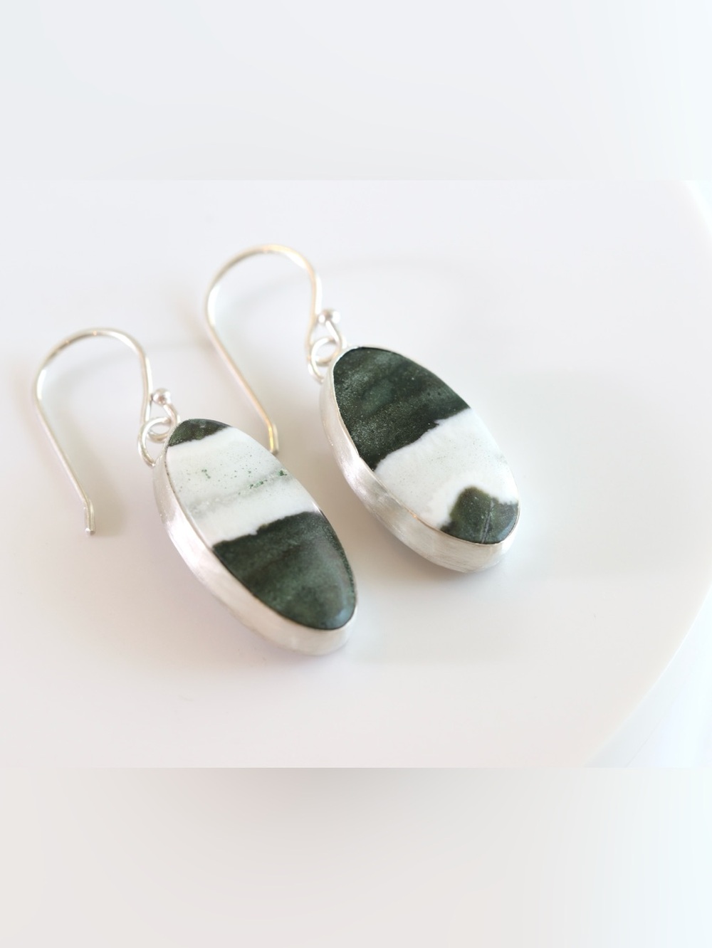 New Handmade Green & White Jasper Sterling Silver Dangle Earrings